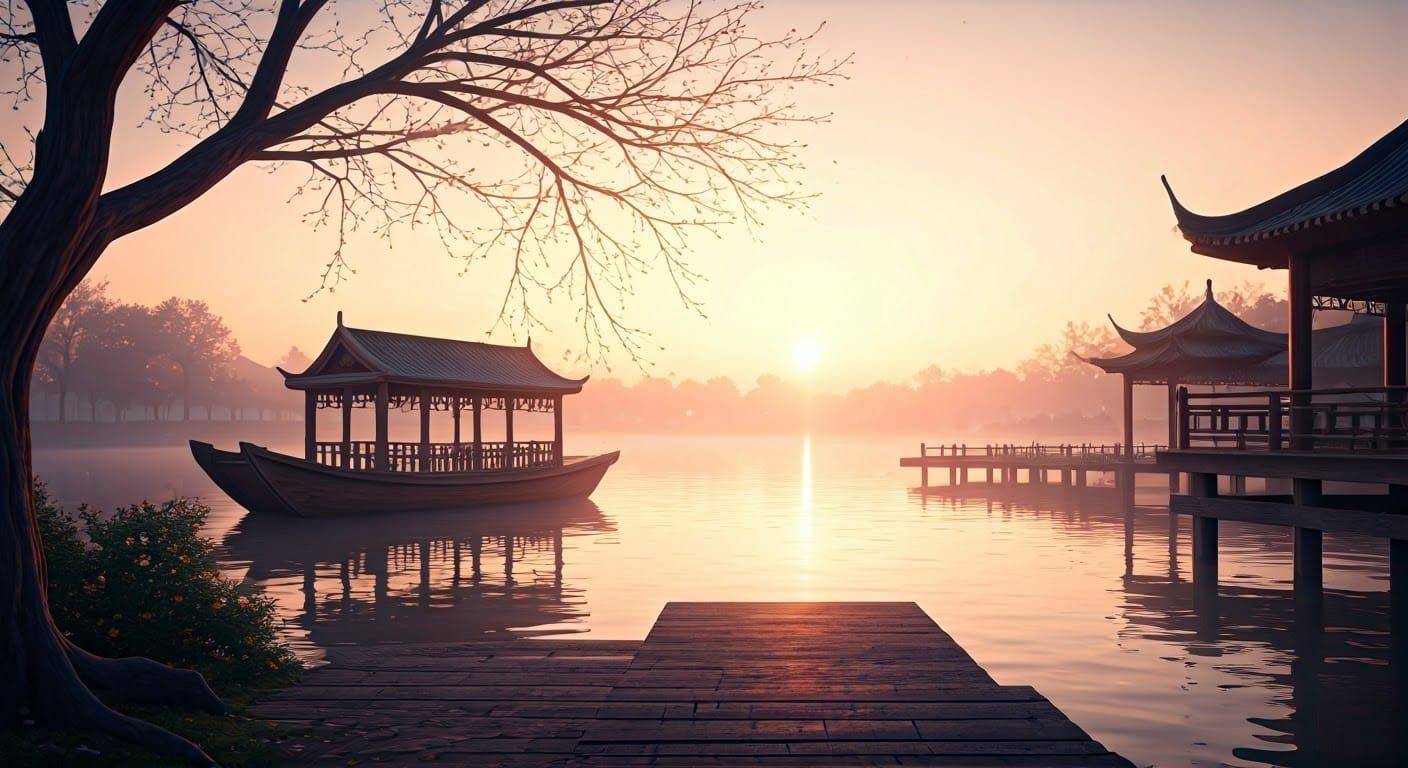 Serene Lakeside Scene at Dawn in East Asian Style