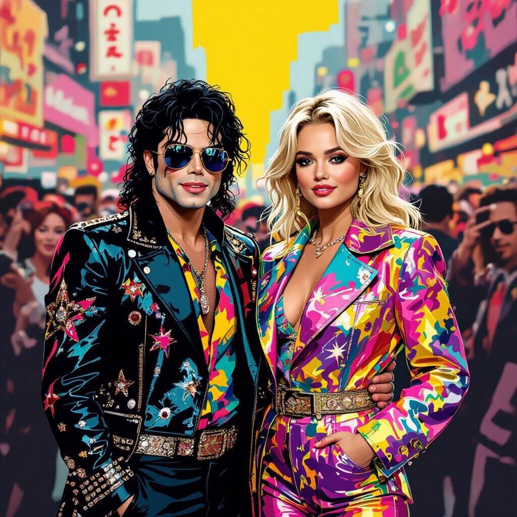 Celebrities in a Pop Art Cityscape, Warhol Style