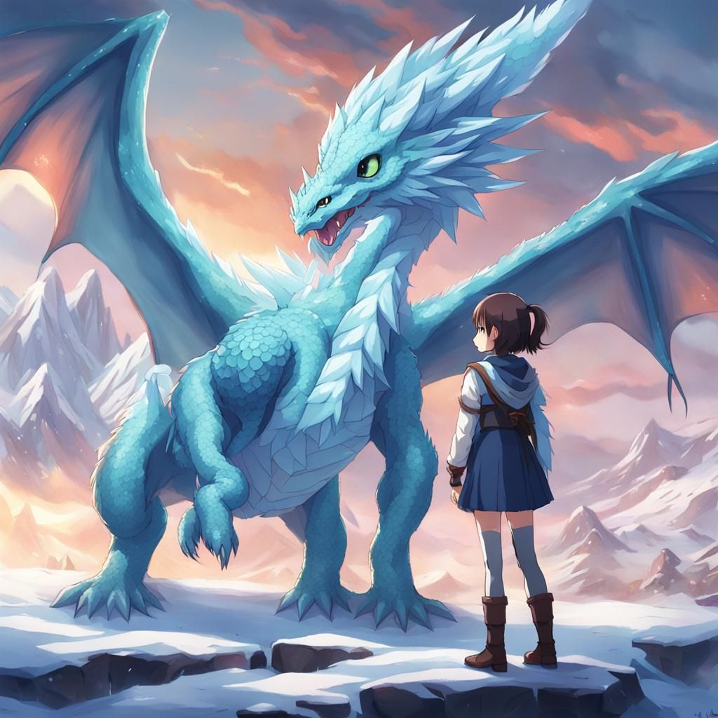 Anime Girl and Ice Dragon Digital Art