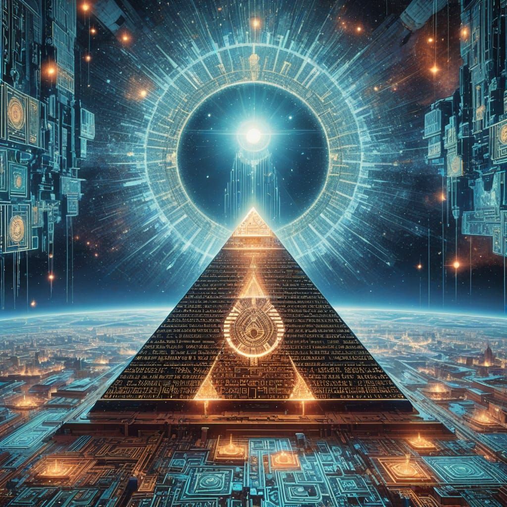 Digital Pyramid in Space with Neon Circuits