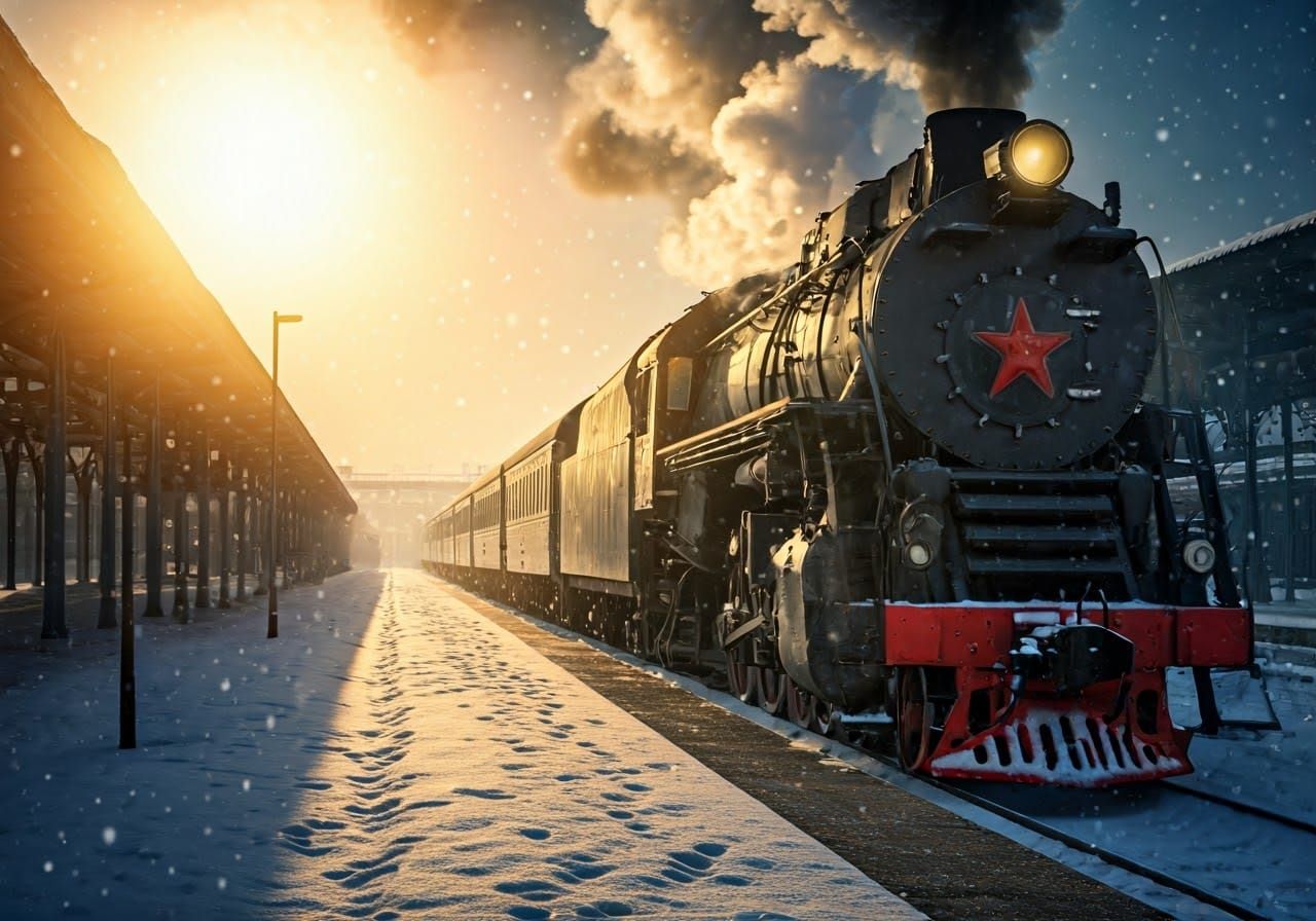 Snowy Railway Platform: Golden Sunrise Scene