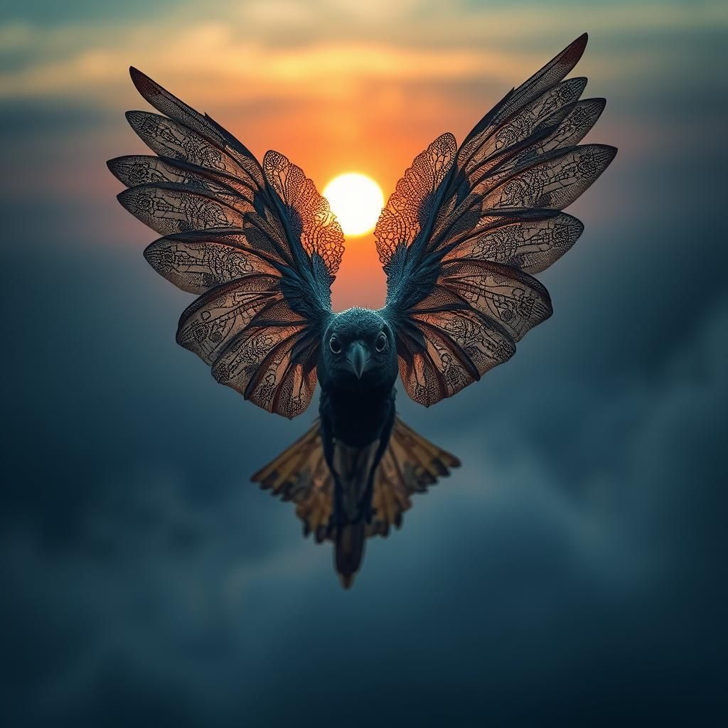 Winged Being Takes Flight at Sunrise: Hyperrealistic Detail