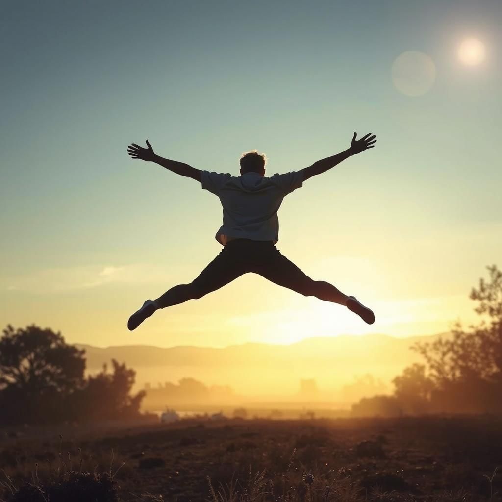 Person in Flight at Sunrise: Hyperrealistic Style