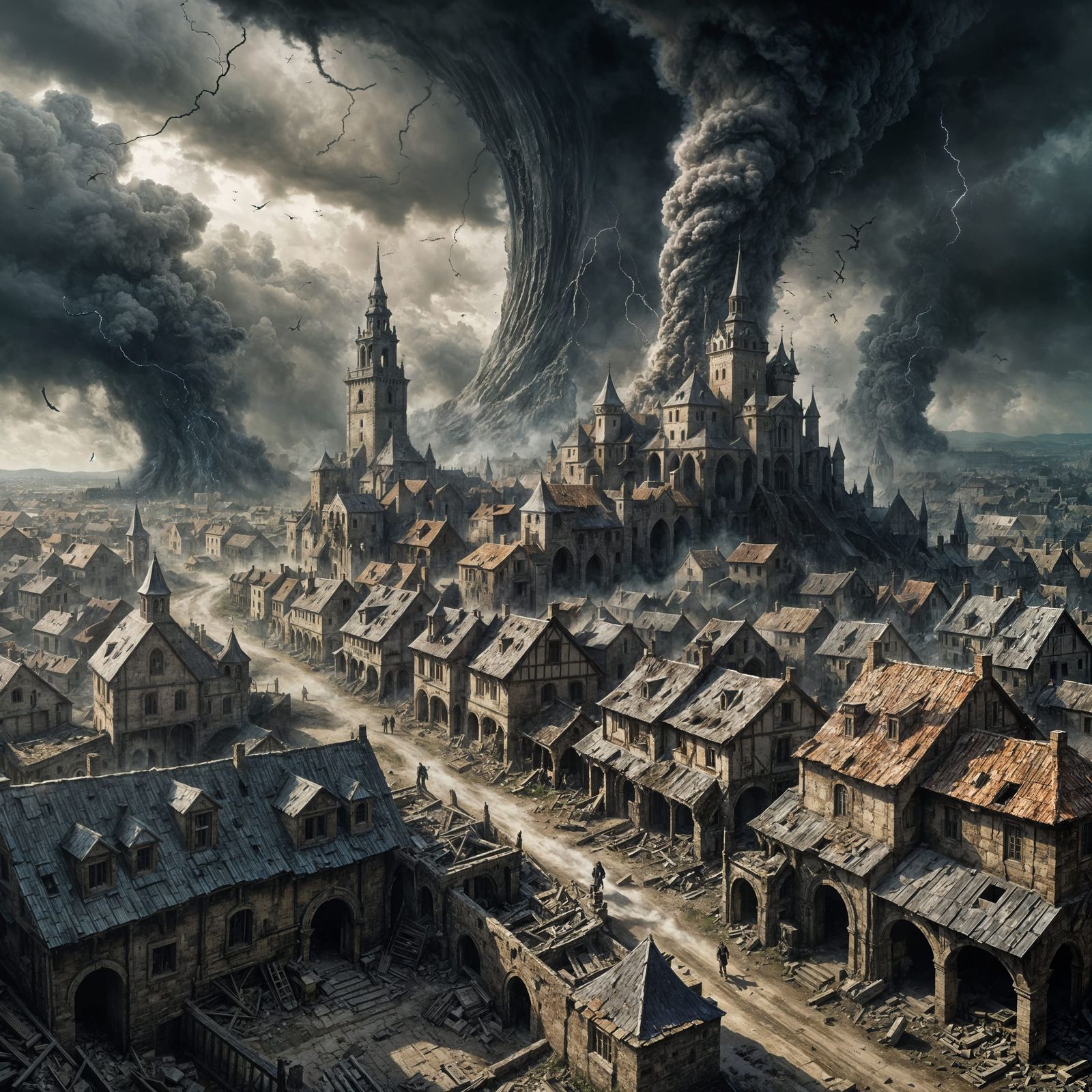 Magical Tornado Destroys Medieval Town: Dark Fantasy Art