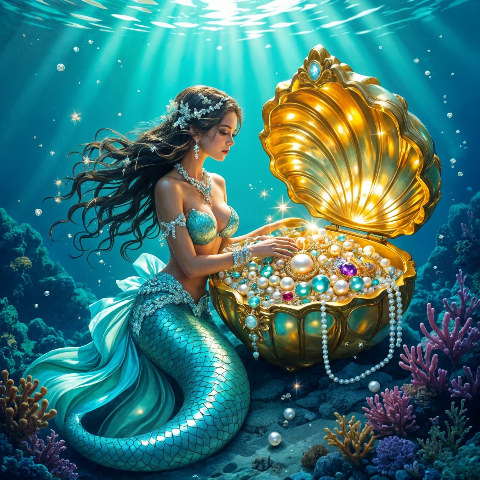 Mermaid Guarding Jeweled Clamshell Treasure