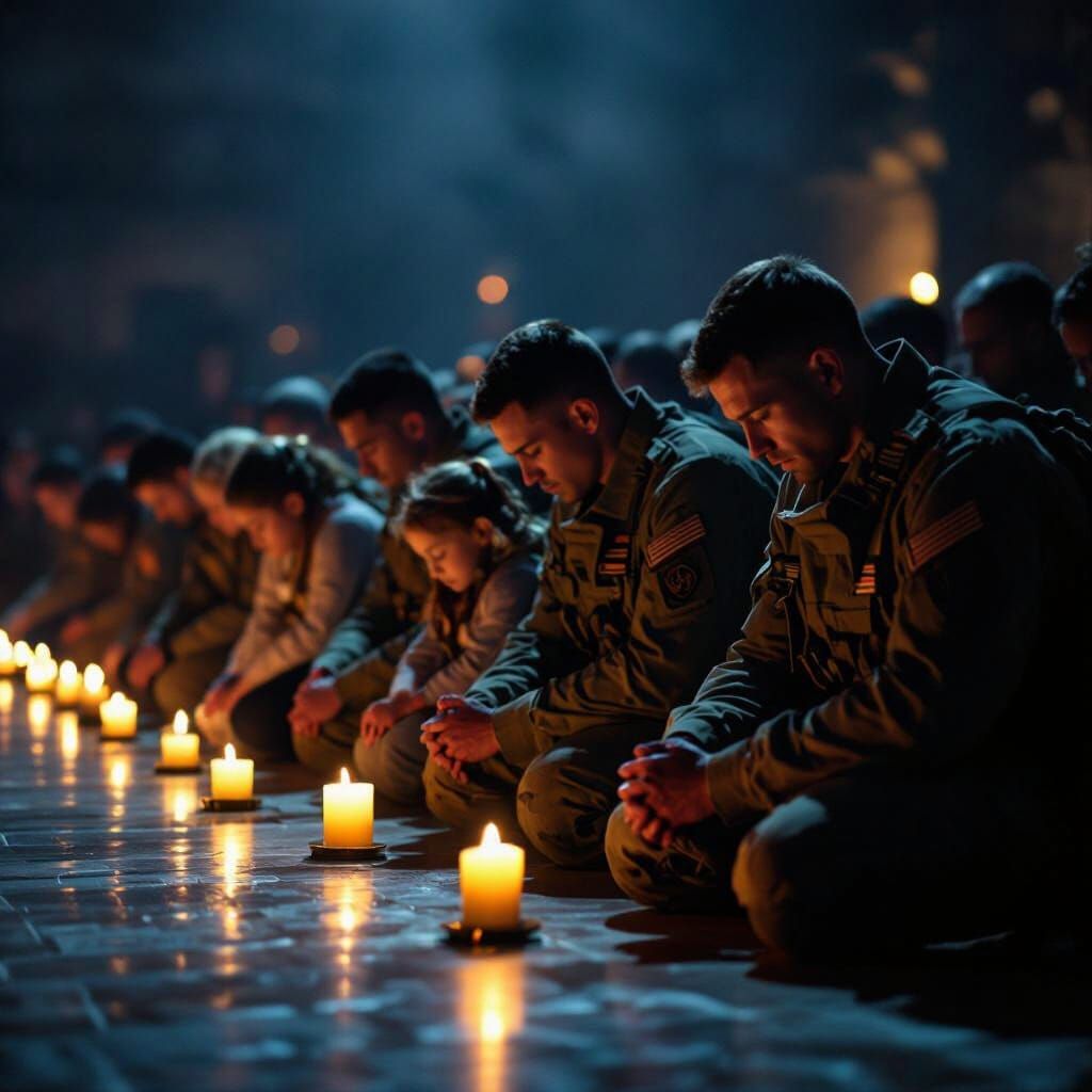 Solemn Gathering: People Praying Under Candlelight