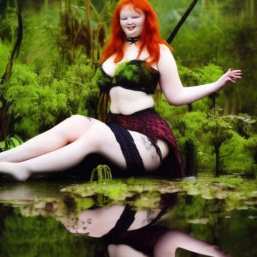 Redhead Sorceress Dancing with Frogs in Swamp