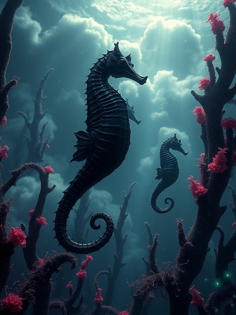 Bioluminescent Aztec Seahorses in a Cosmic Sea
