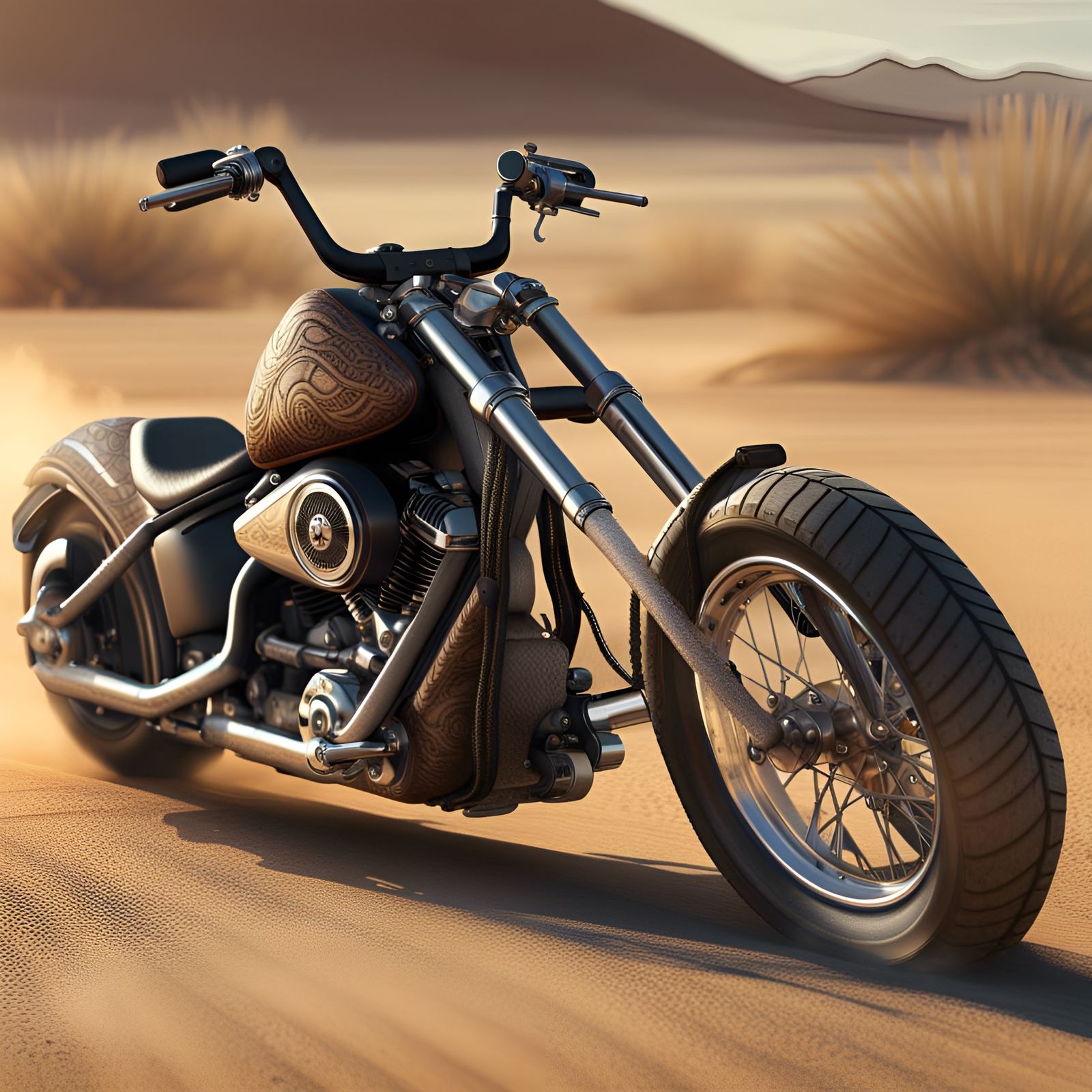 Biker Gangster on Harley Chopper in Desert