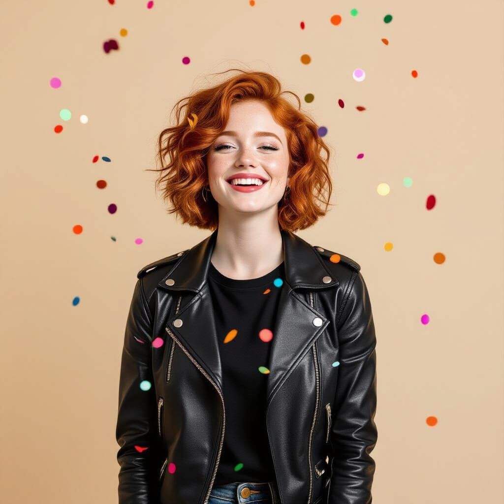 Redhead Under Rainbow Confetti, Emotive Portrait