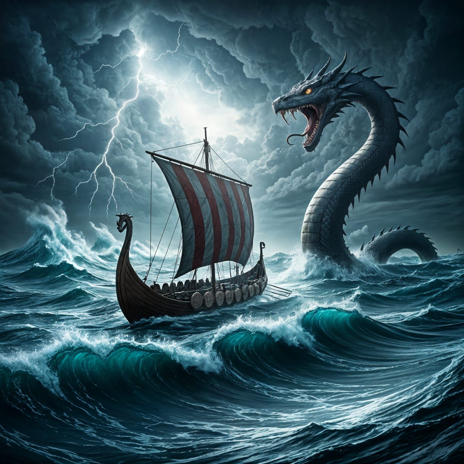 Stormy Sea Battle in Epic Dark Fantasy Art