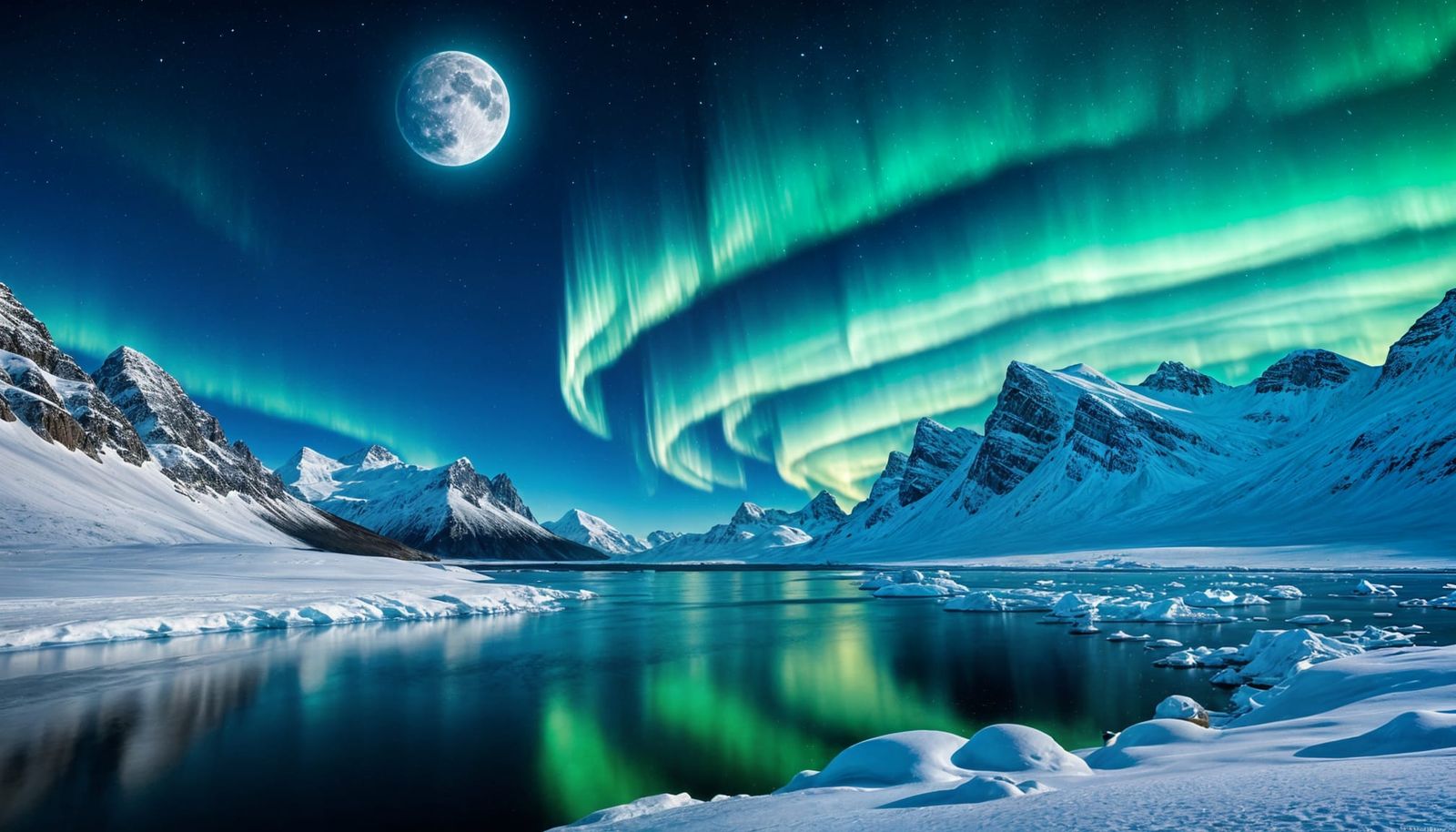 Epic Arctic Night Landscape with Full Moon and Northern Ligh...