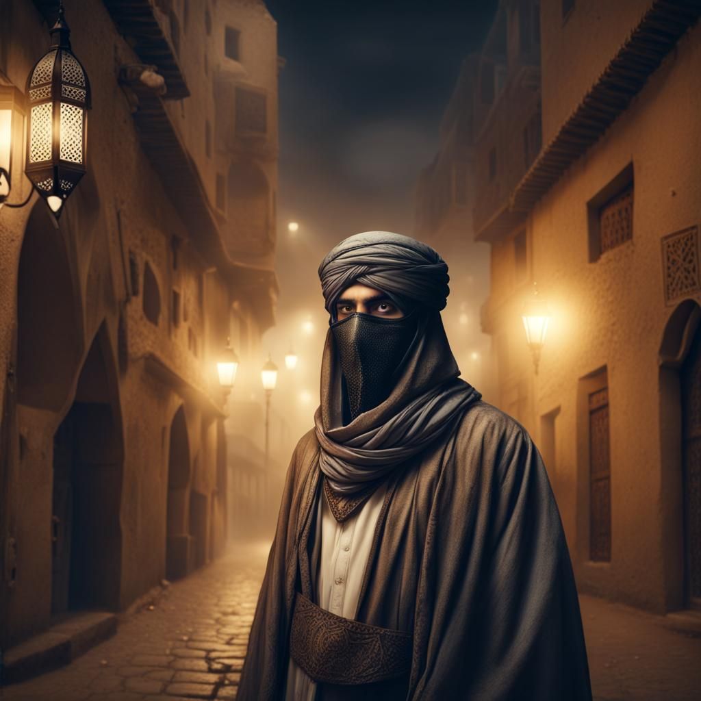 Mysterious Man in Medieval Arab Street at Night