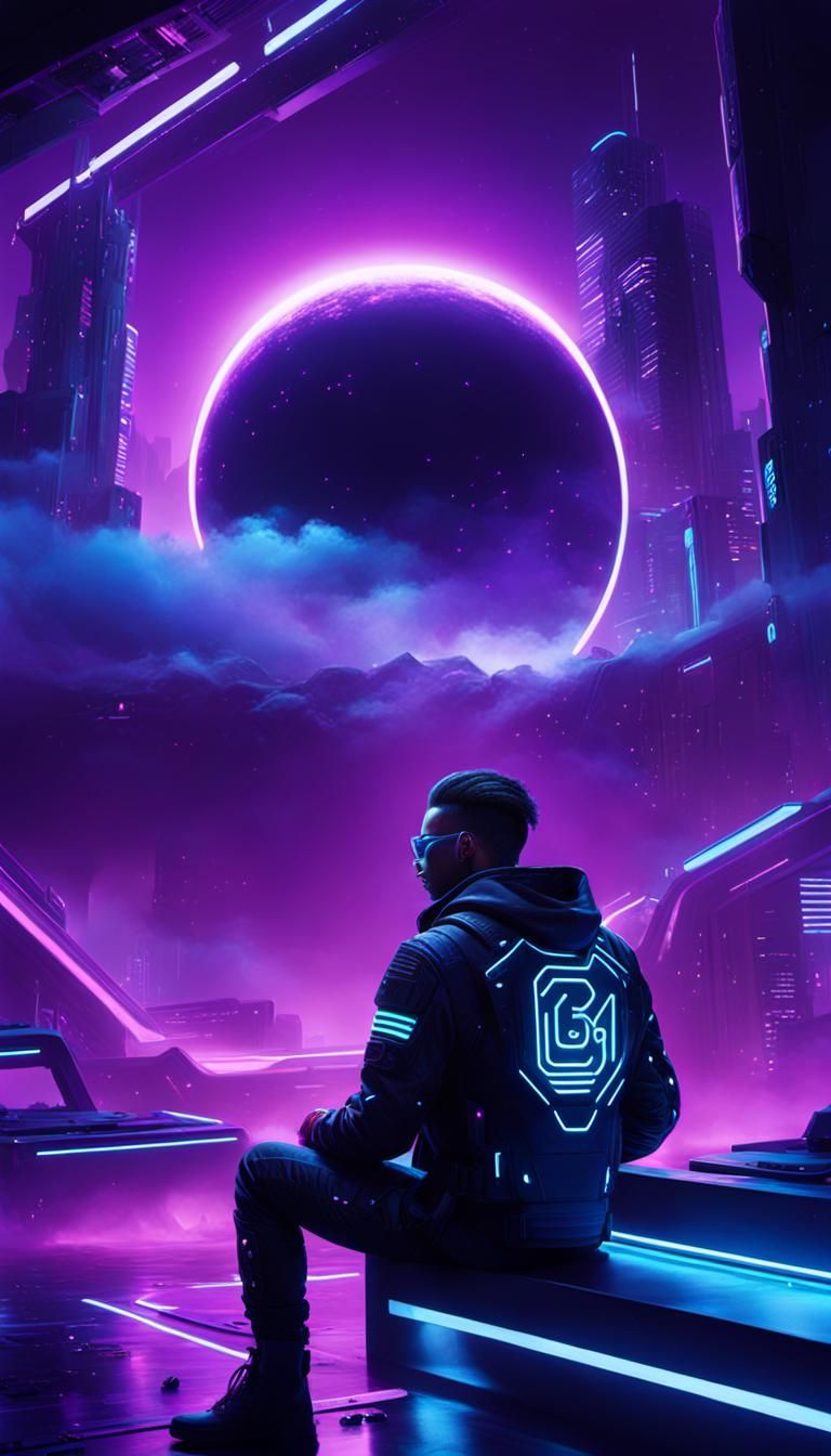 Cyberpunk Starscape: Neon Lights in Purple Space
