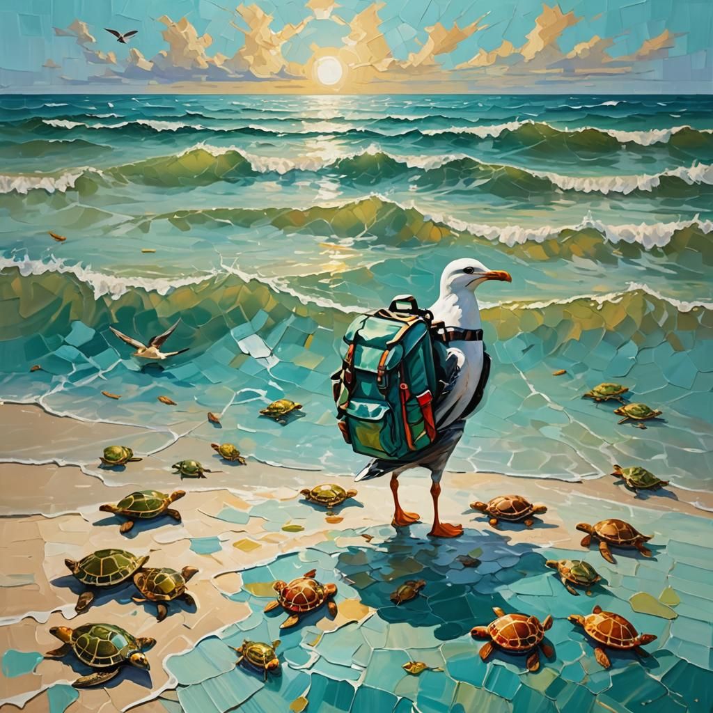 Seagull's Tropical Adventure as Impasto Oil Painting