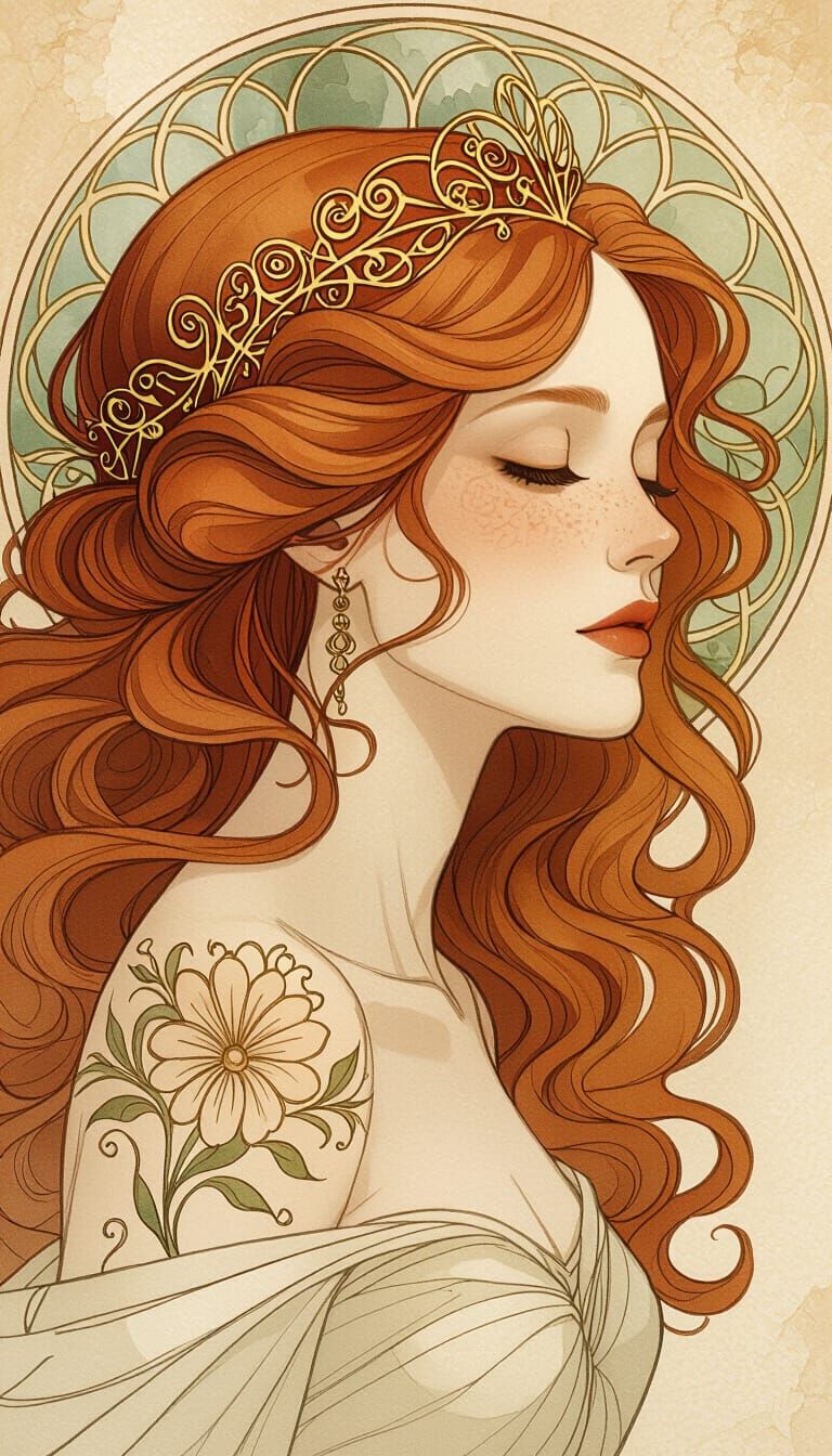Art Nouveau Woman with Floral Tattoos