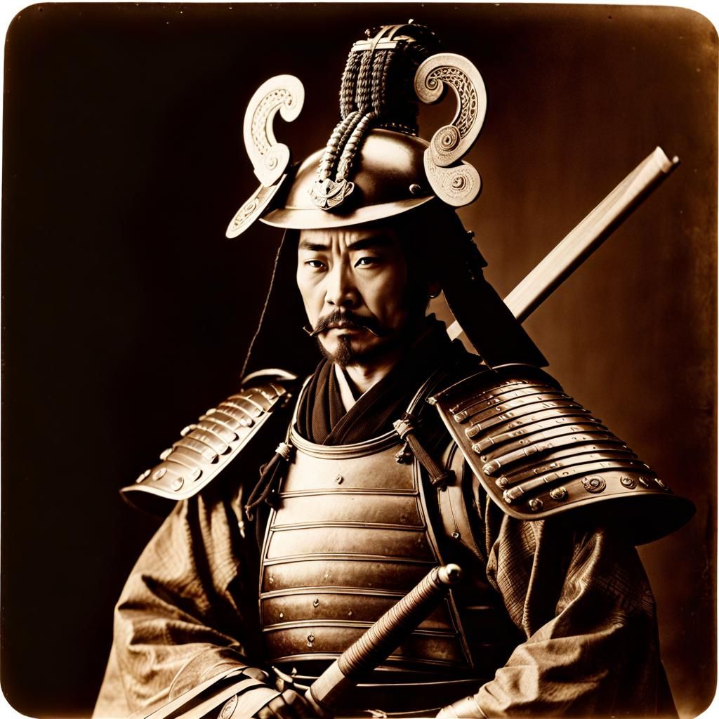 Samurai in Full Armor: Antique Sepia Photograph
