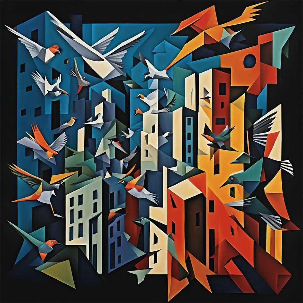 Surreal Bird Cityscape in Cubist Optical Art Style