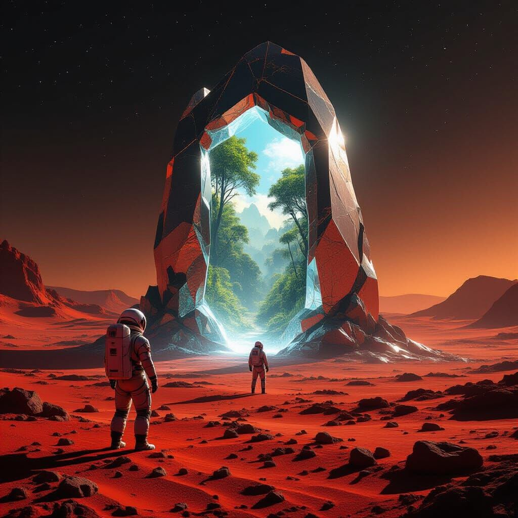Astronaut Gazing at Shimmering Portal on Red Planet