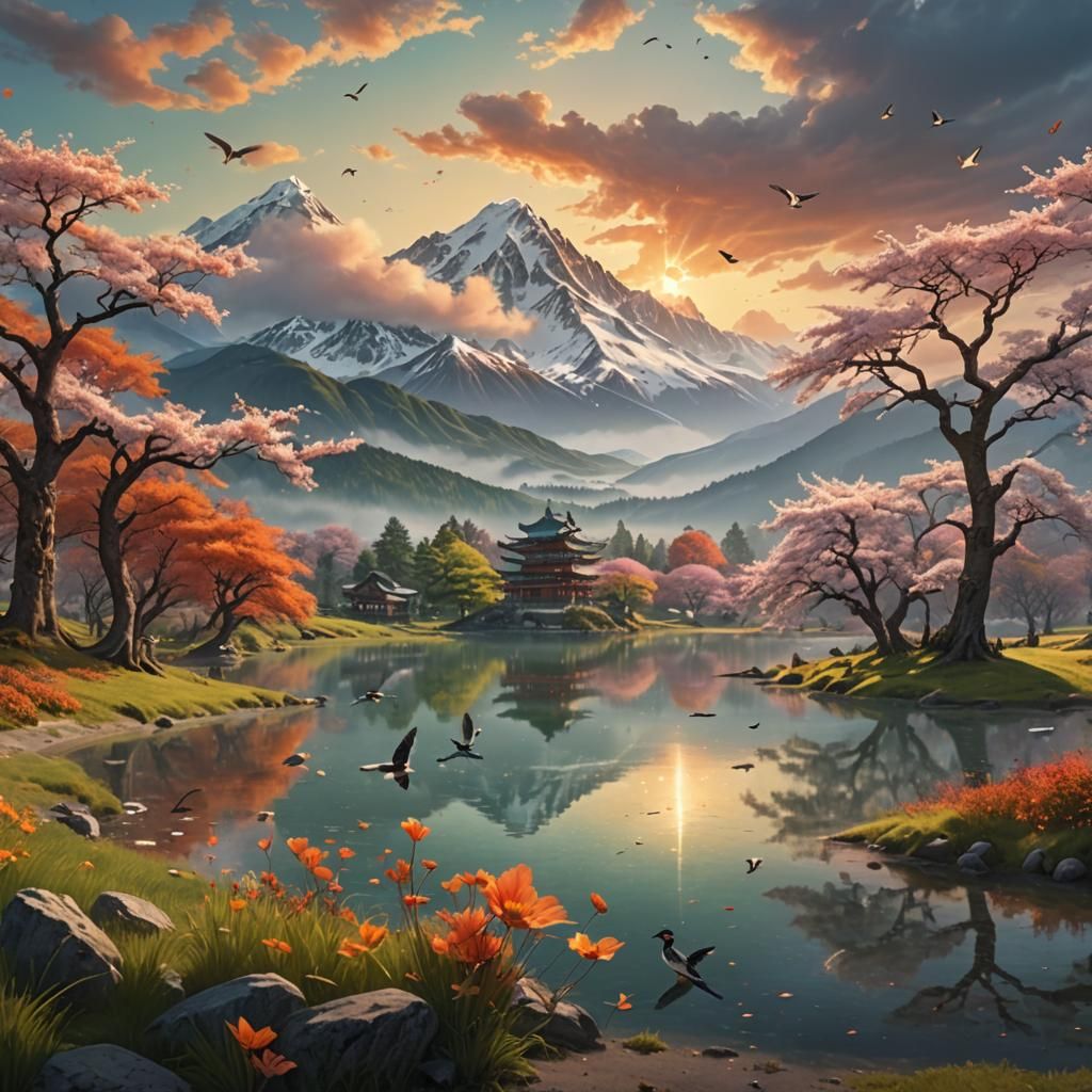 Four Seasons Surreal Landscape in Cinematic Style