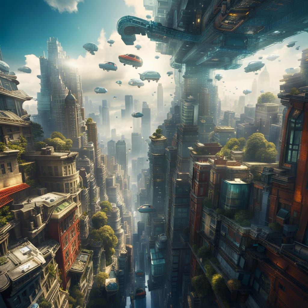 Flying City in the Clouds: Hyperrealistic Sci-Fi Scene