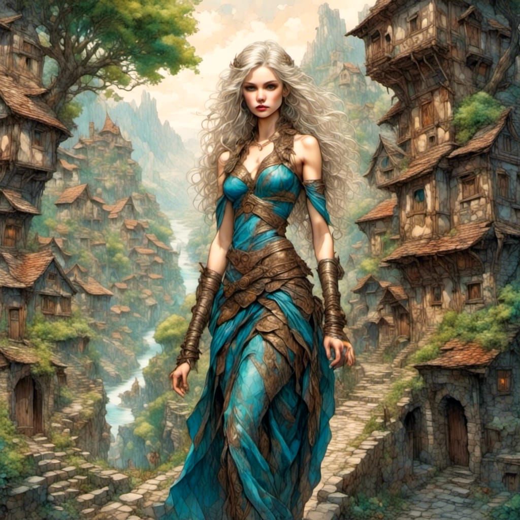 Giant Woman Striding Down Fantasy Street