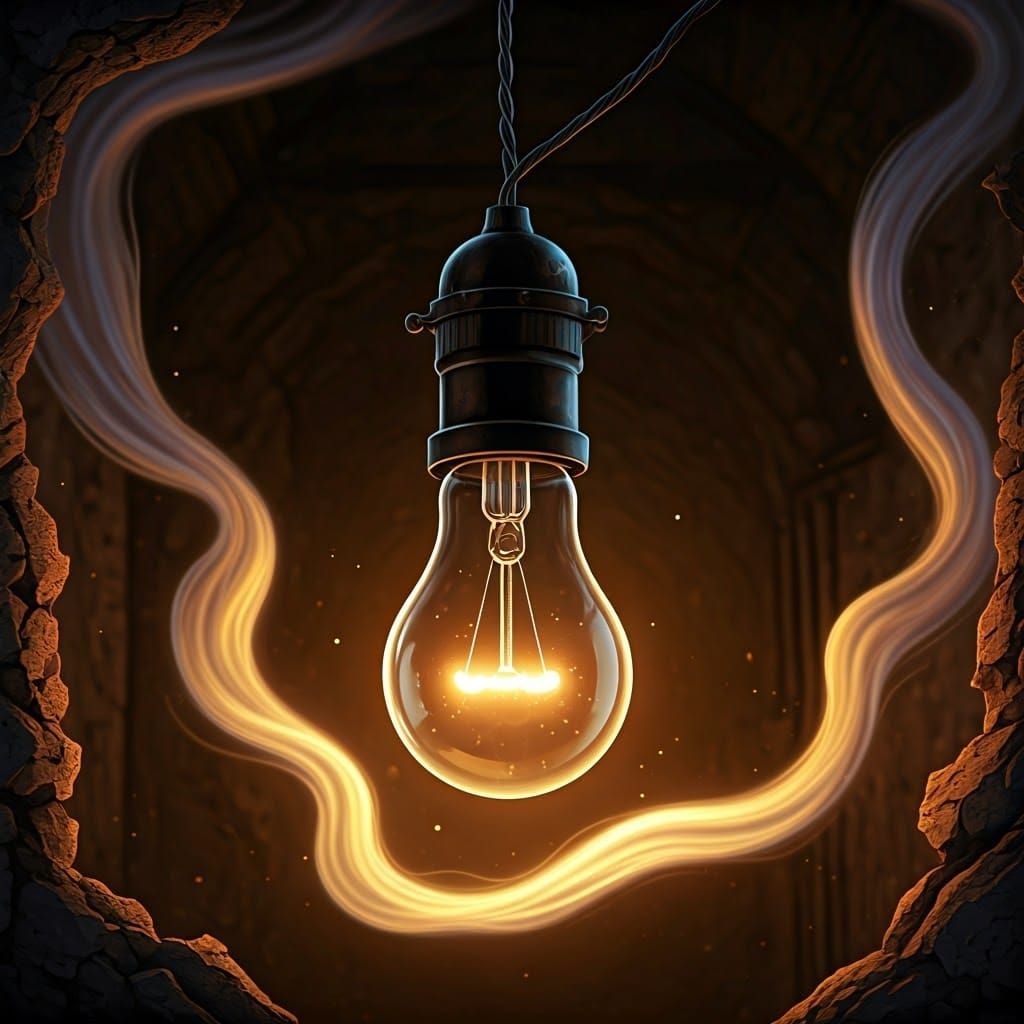 Glowing Lightbulb in Abandoned Room, Comic Book Art