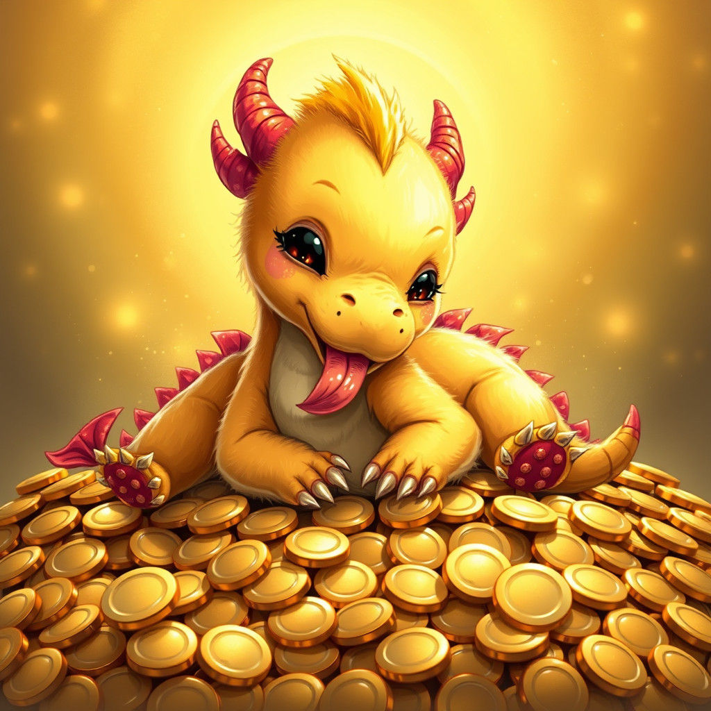 Golden Baby Dragon on Gold Coins, Whimsical Illustration