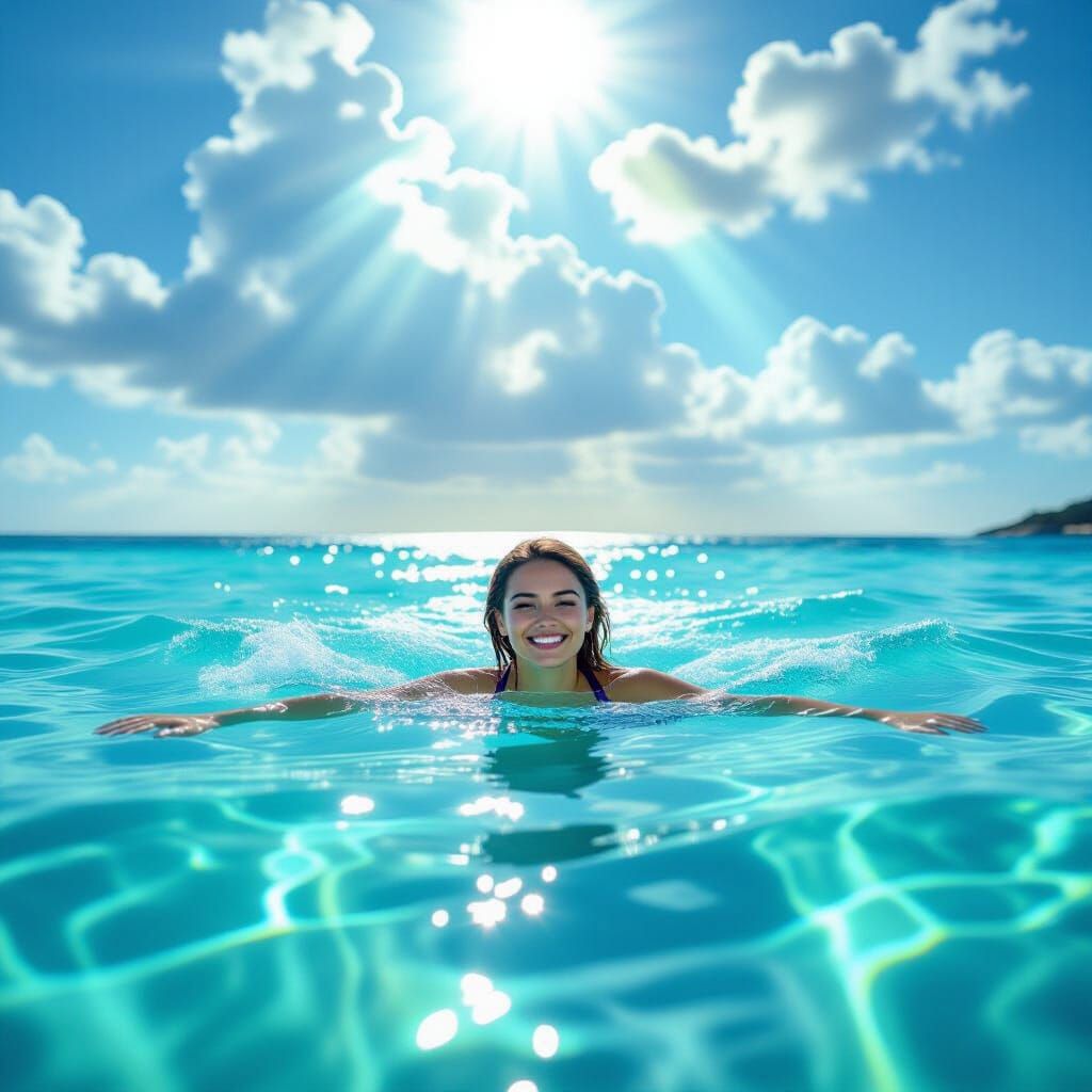 Woman Swimming in Luminous Turquoise Water with Sunshine Bea...