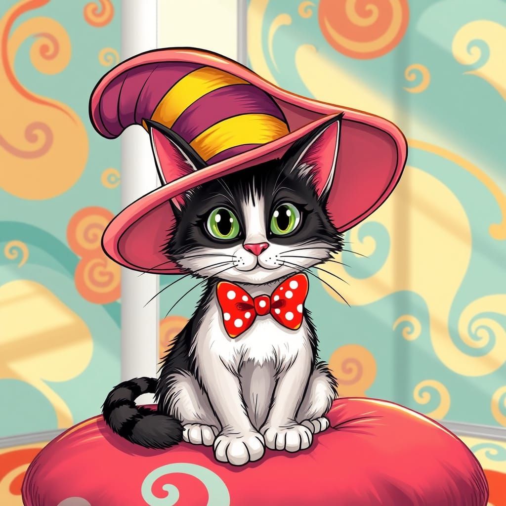 Whimsical Feline in a Vibrant, Oversized Hat