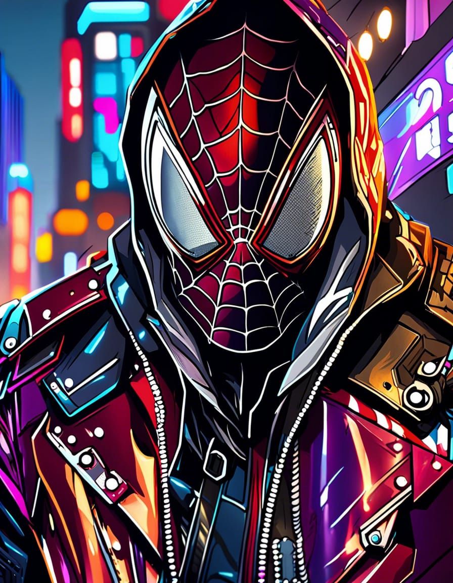 Cyberpunk Spider-Man in Leather Jacket: Detailed Portrait