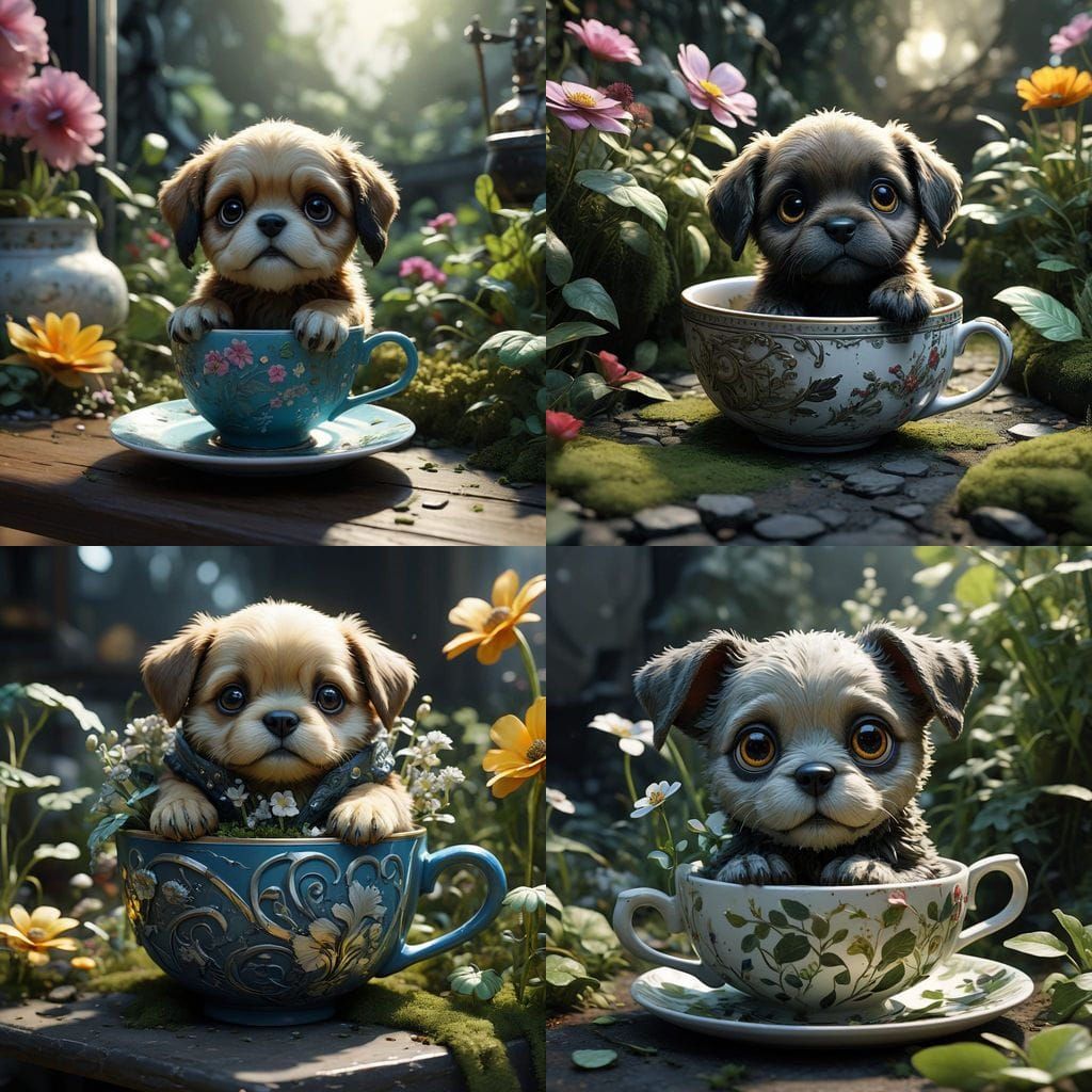 Photorealistic Puppy in Floral Teacup, High-End 3D Rendering
