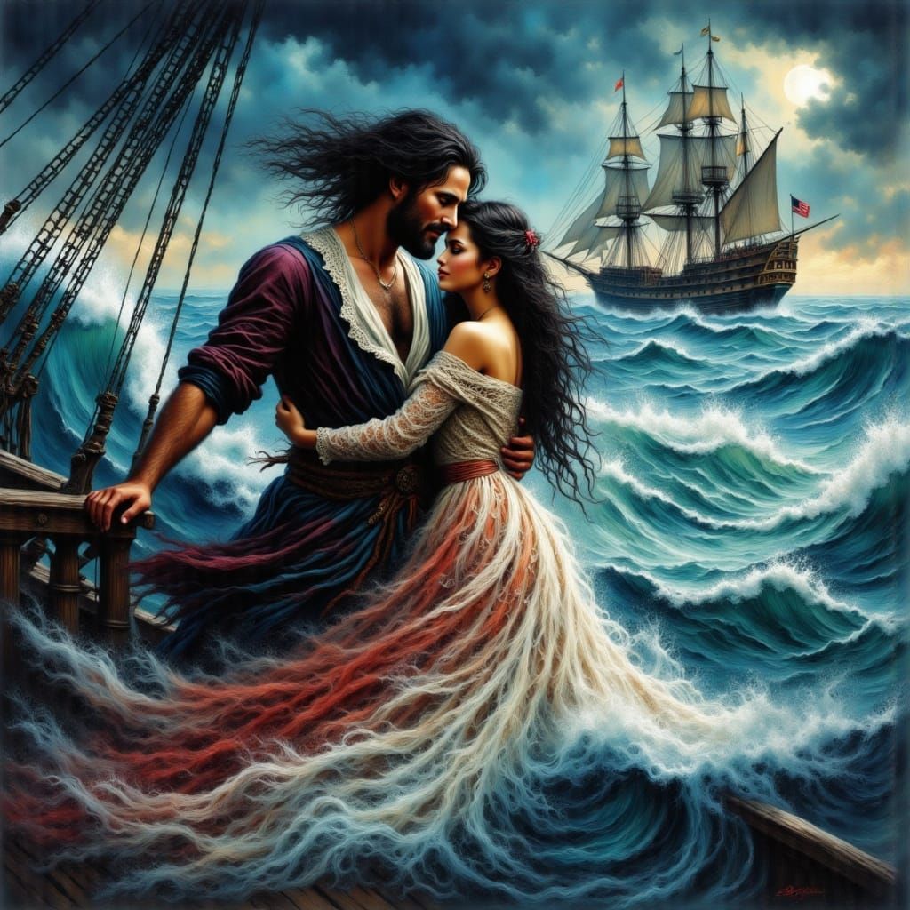 Pirate and Woman Embrace Amidst Stormy Sea
