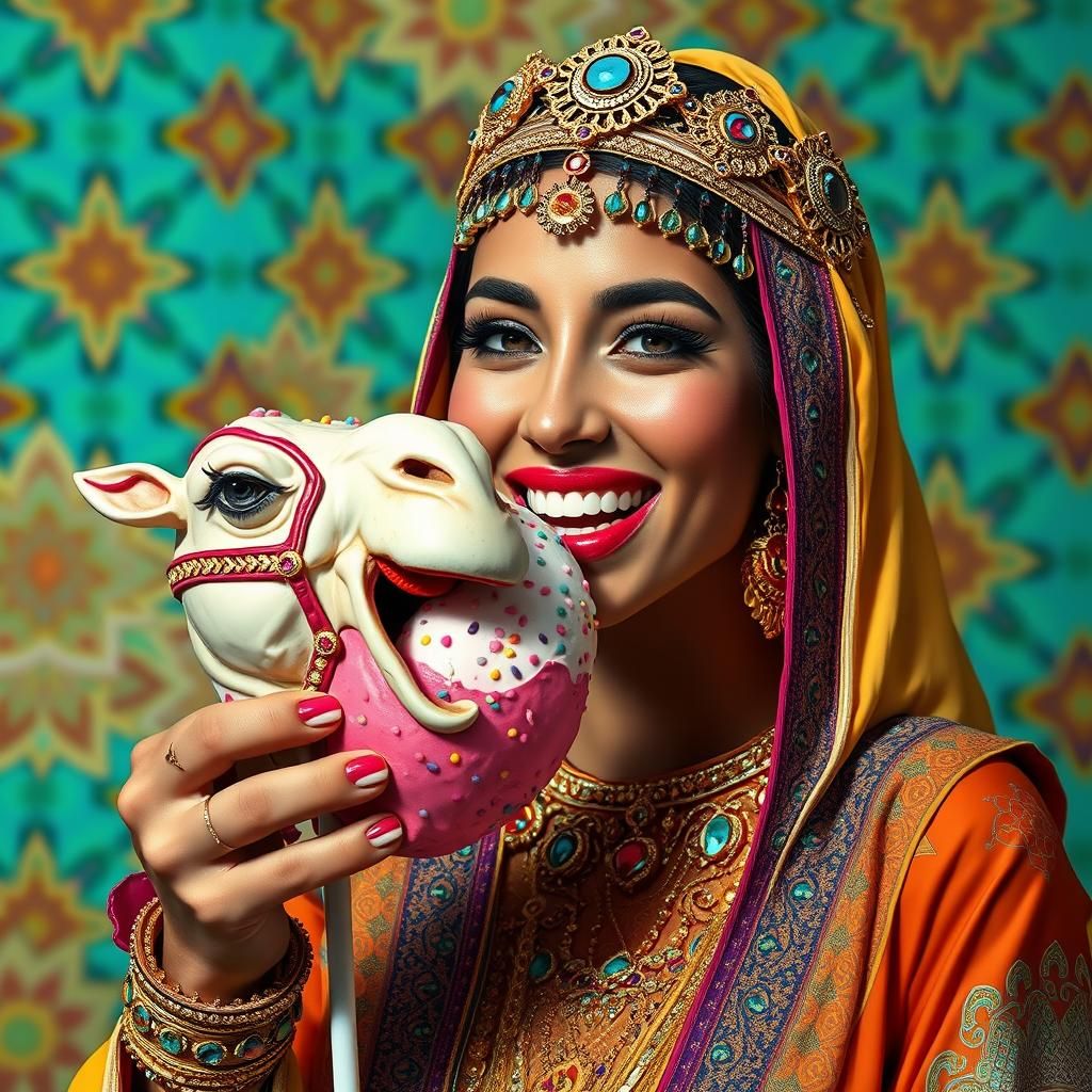 An overly joyous Beautiful Arabian princess eating a camel s...
