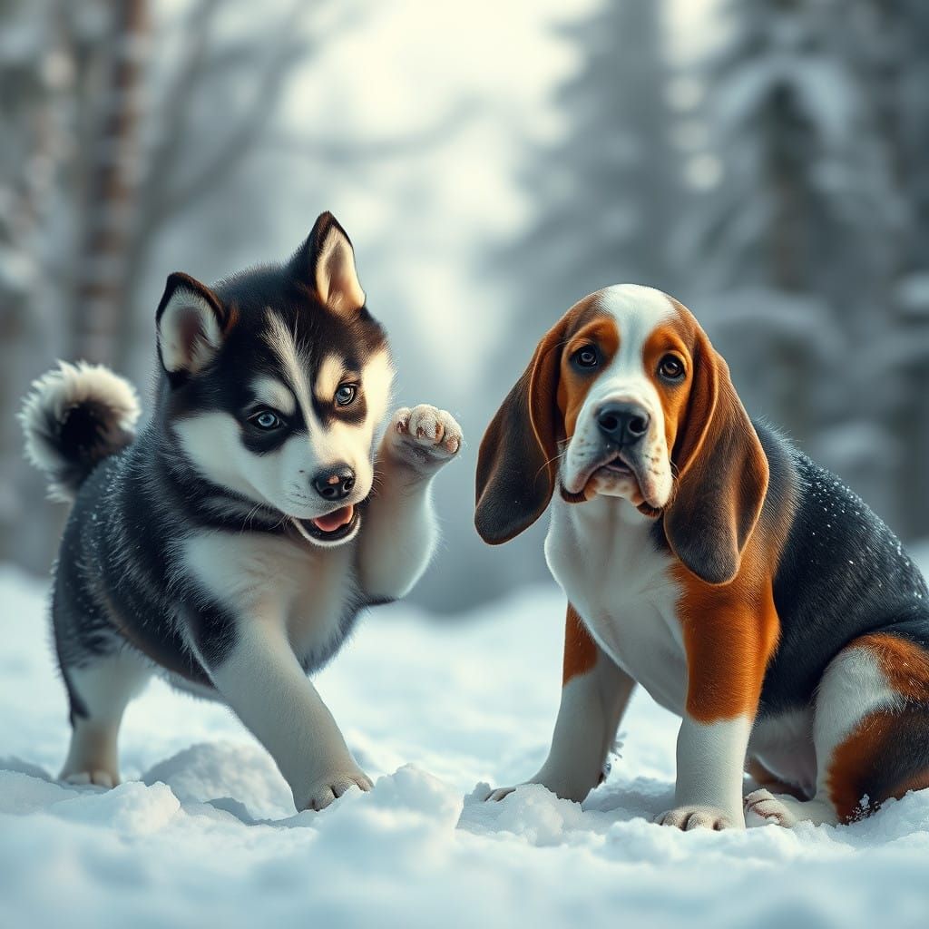 Epic Snowy Puppy Playtime in a Majestic Digital Landscape