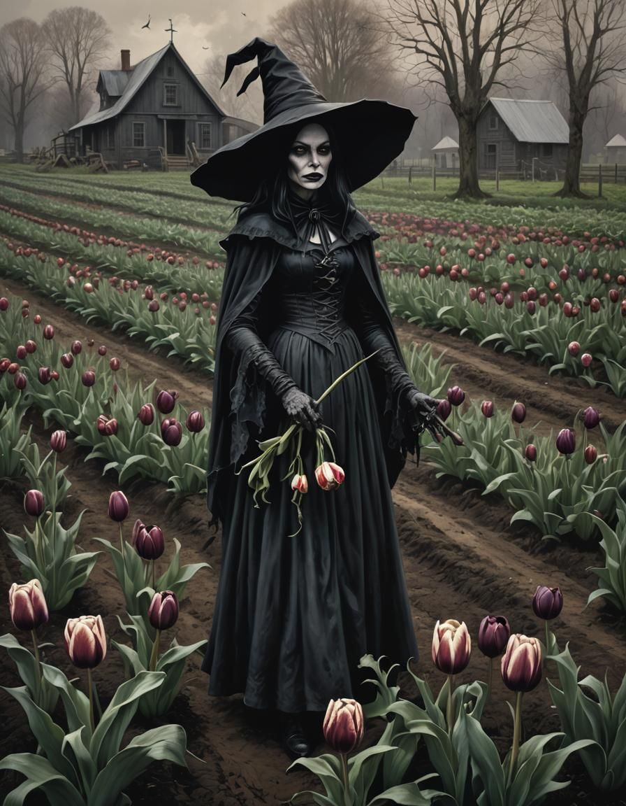 Dark Gothic Witch in a Tulip Field