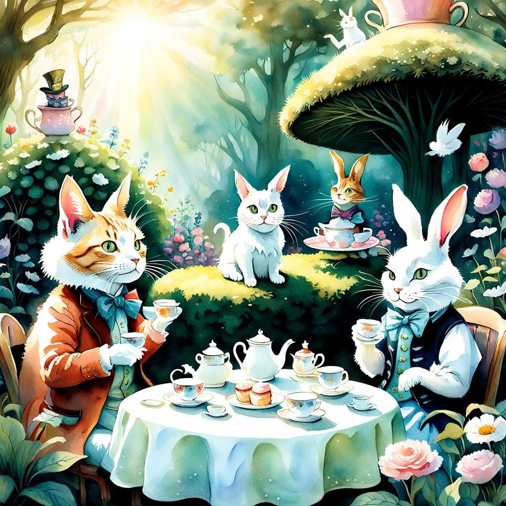 Wonderland Tea Party: Cat with Mad Hatter and Alice