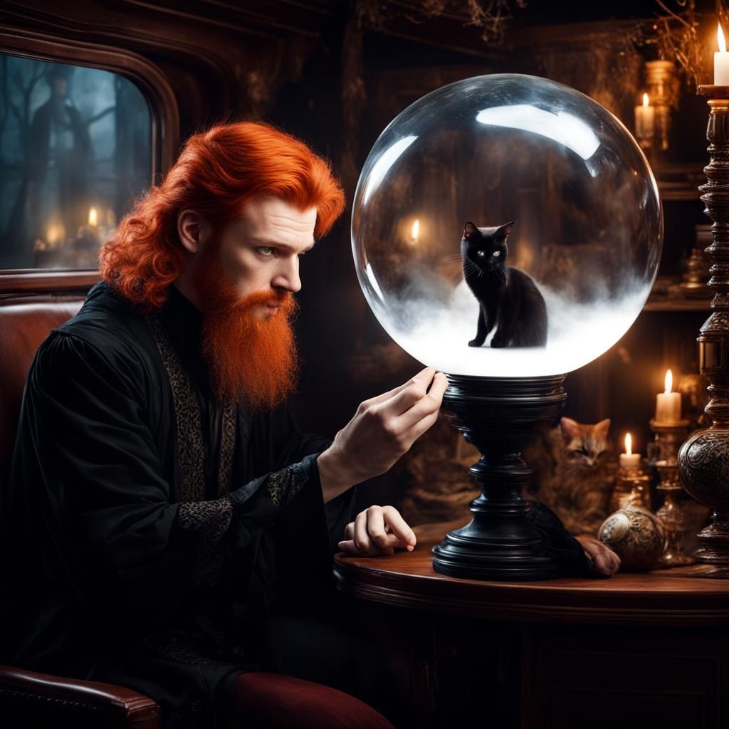 Redhead Sorcerer and Black Cat in Van Gogh Style