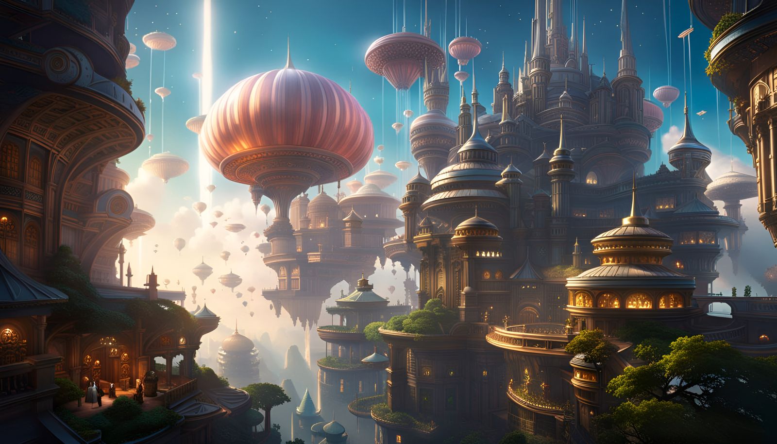 Fairies Fly in Cloud City: Fantasy Art Nouveau