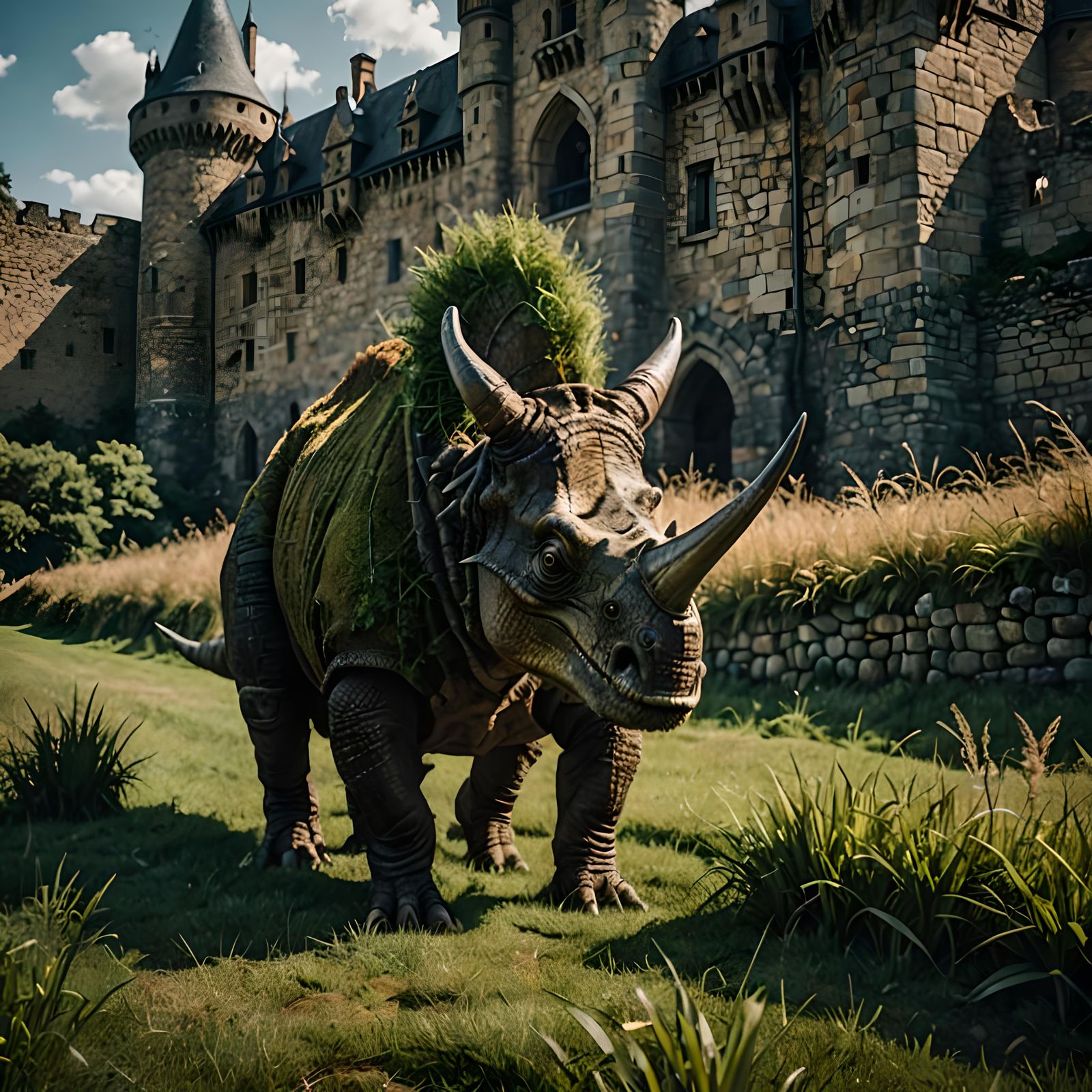 Triceratops Grazing Before Medieval Castle