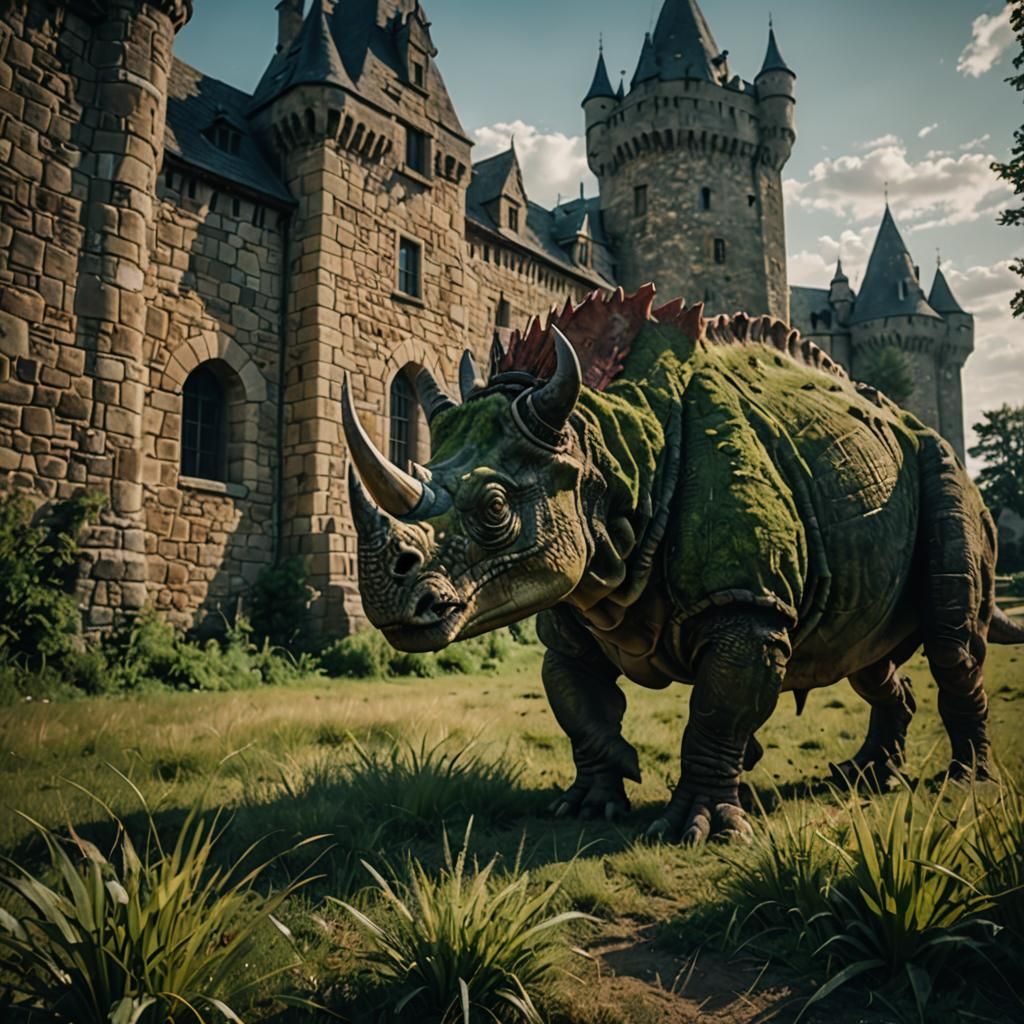 Triceratops Grazing Before Medieval Castle Wall