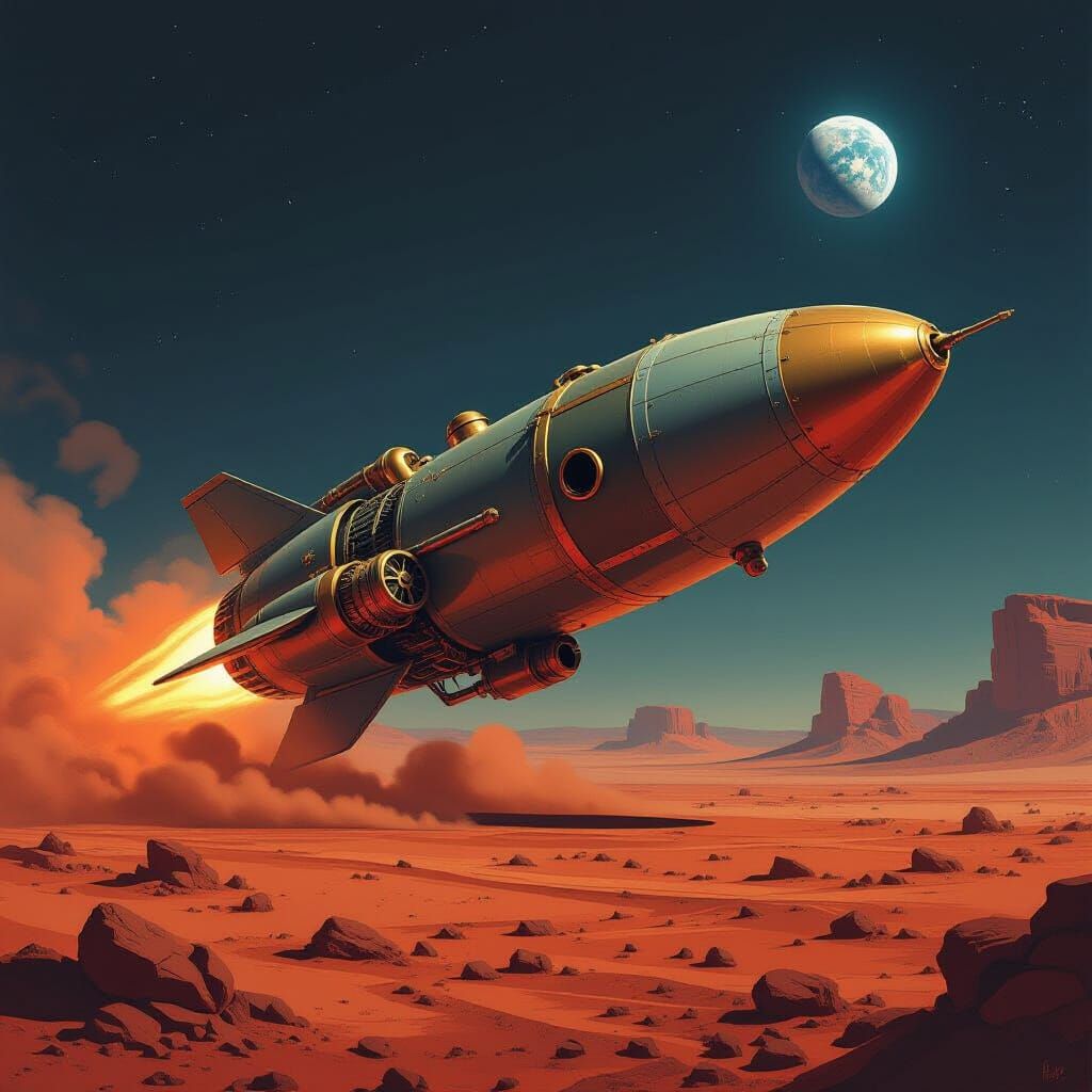 Vintage Rocket Lands on Mars in Retro-Futuristic Style