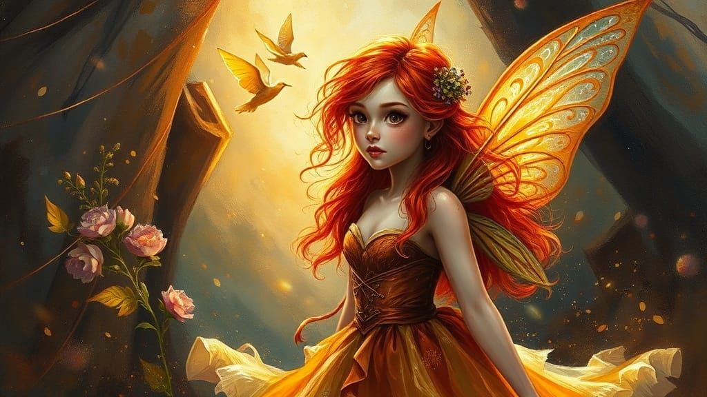 Red-Haired Fairy in Gown with Shimmering Background