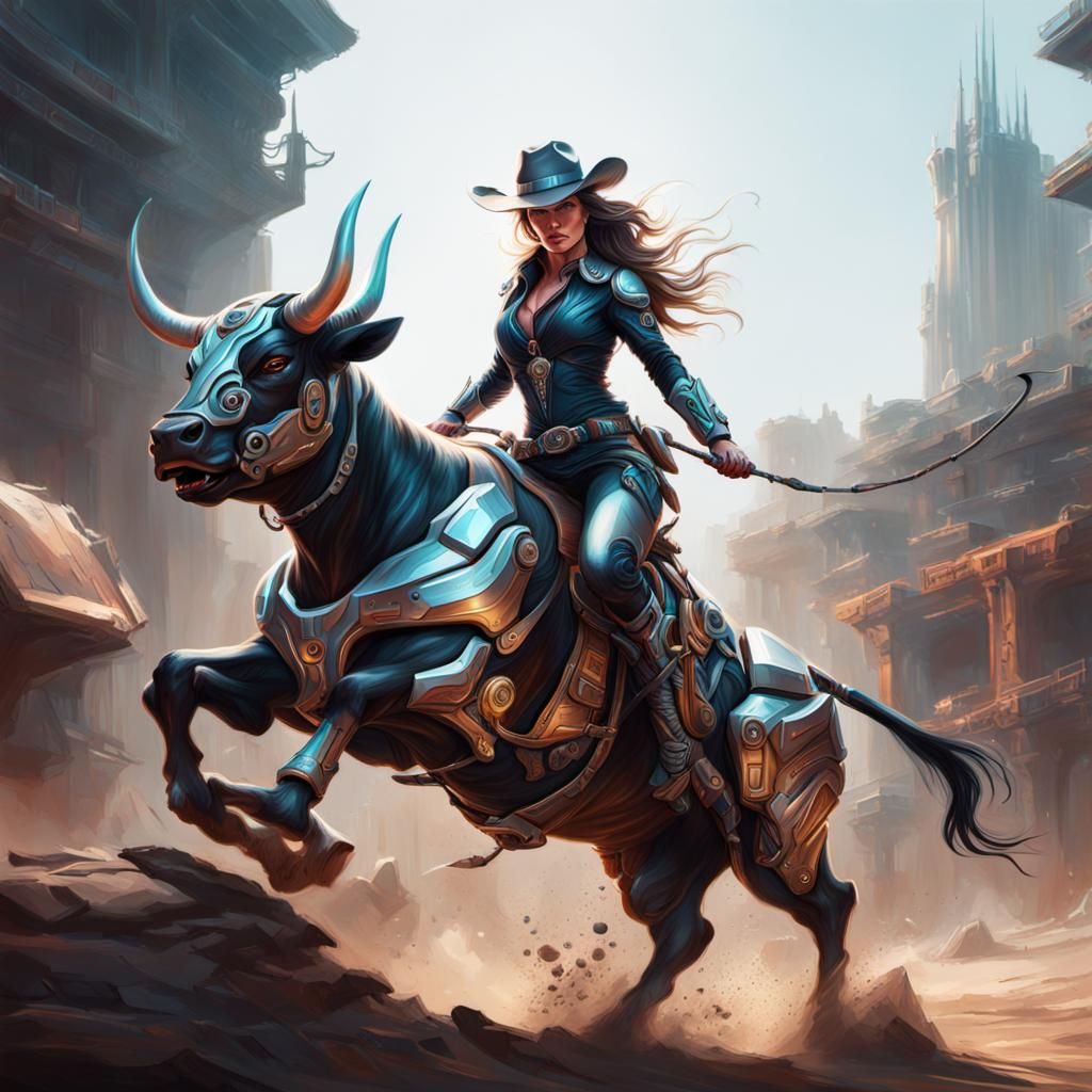 Futuristic Cowgirl Rides Cyborg Bull: Hyperrealistic Splash ...