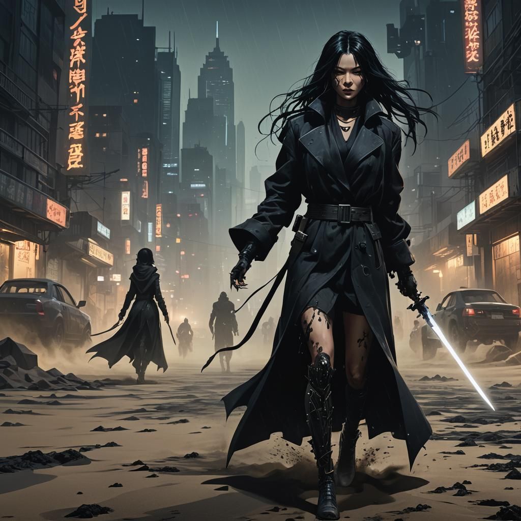 Cyberpunk Assassin Dissolving into Sand