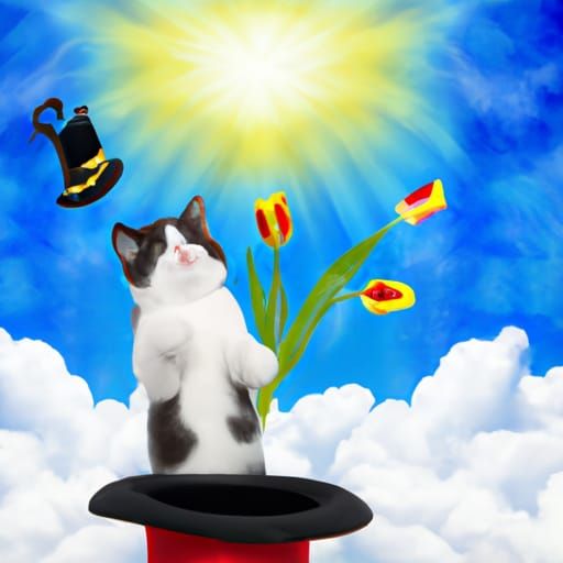Kitten in Magician Hat Bathed in Sunshine