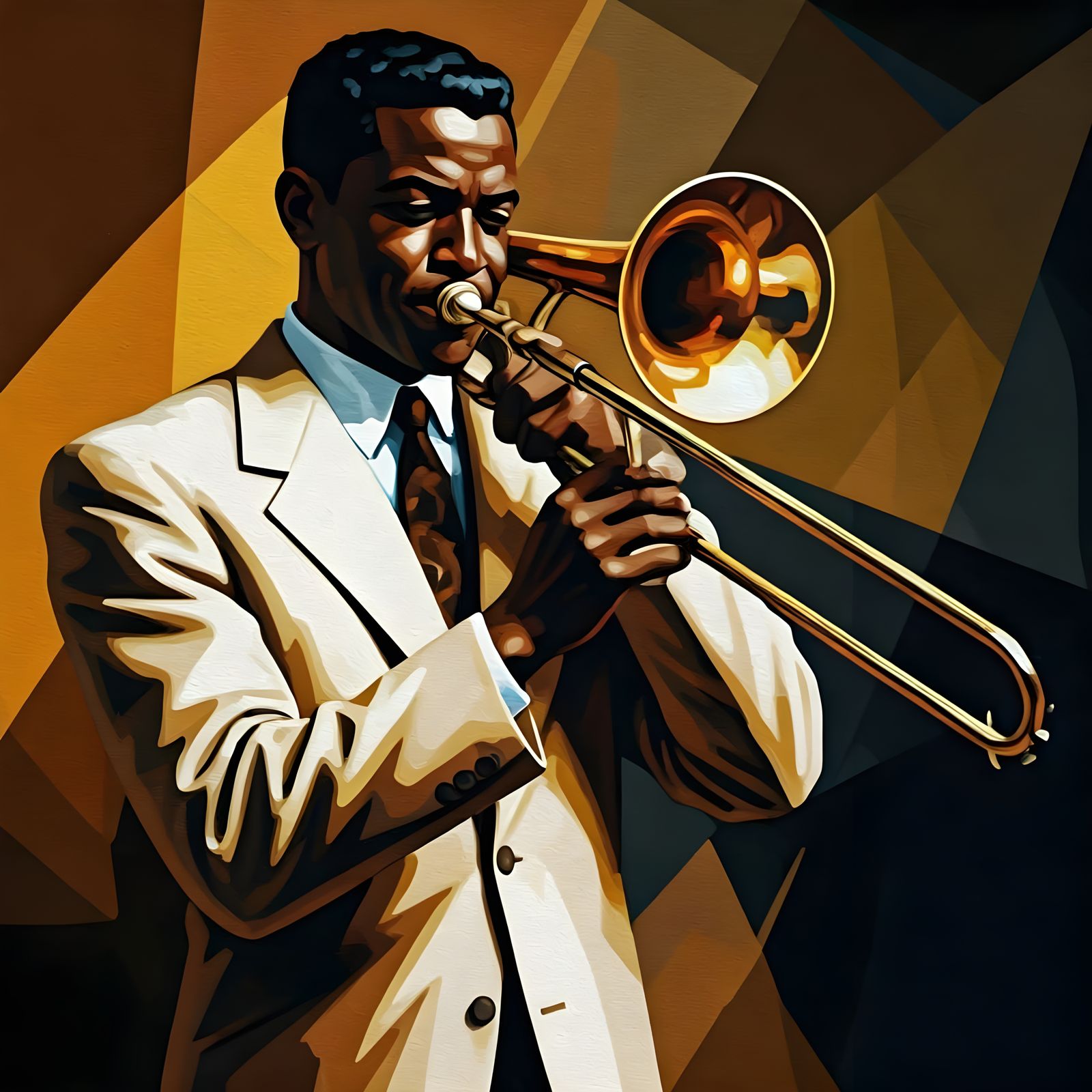Abstract Jazz Trombone Player in Cubist Style
