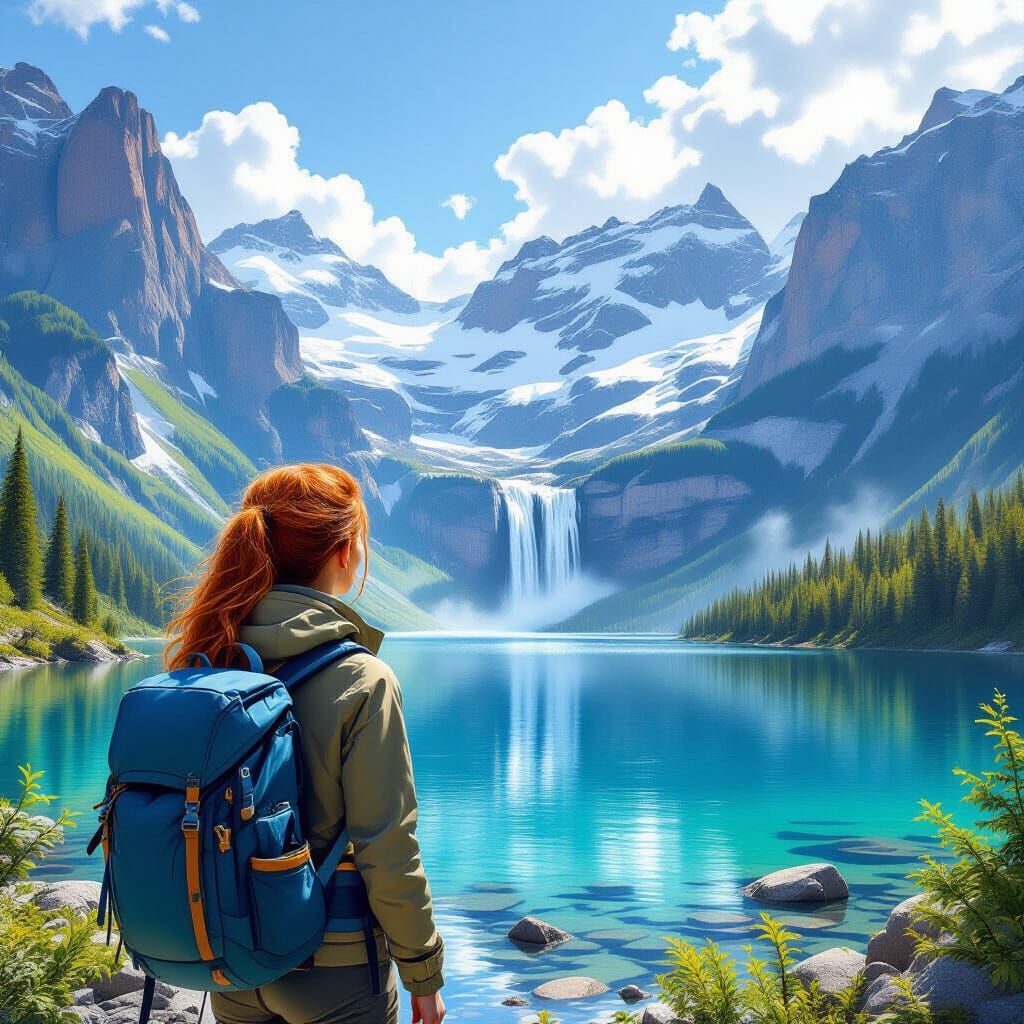 Redhead Hiker Explores Majestic Waterfall and Lake Landscape