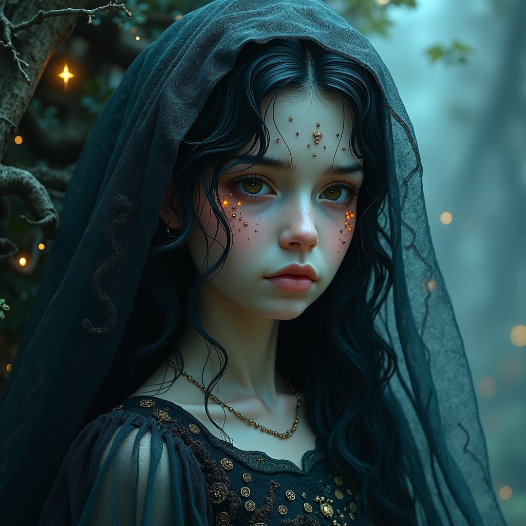 Enchantress in Mystical Forest, Art Nouveau Style