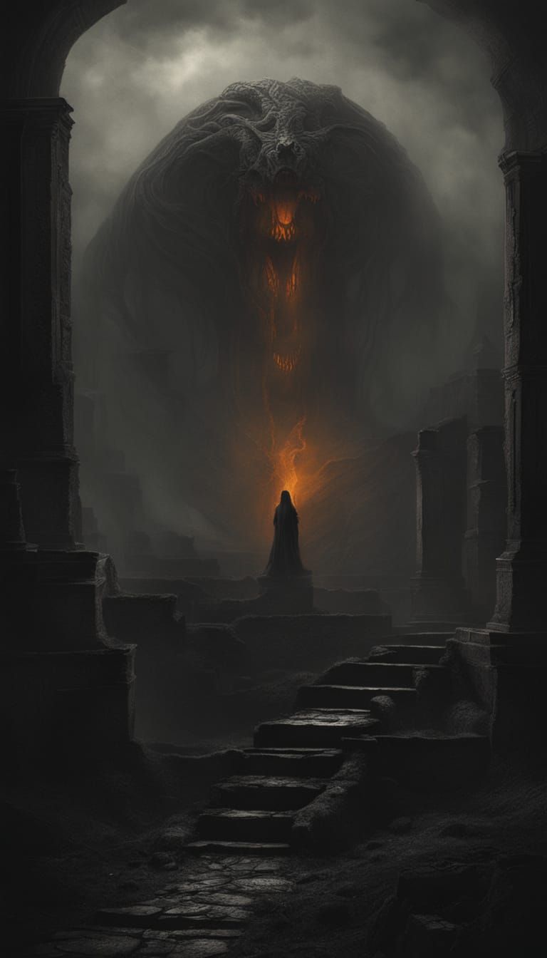 Dark Fantasy Serpent Woman Rises from Ancient Ruins in a Swi...